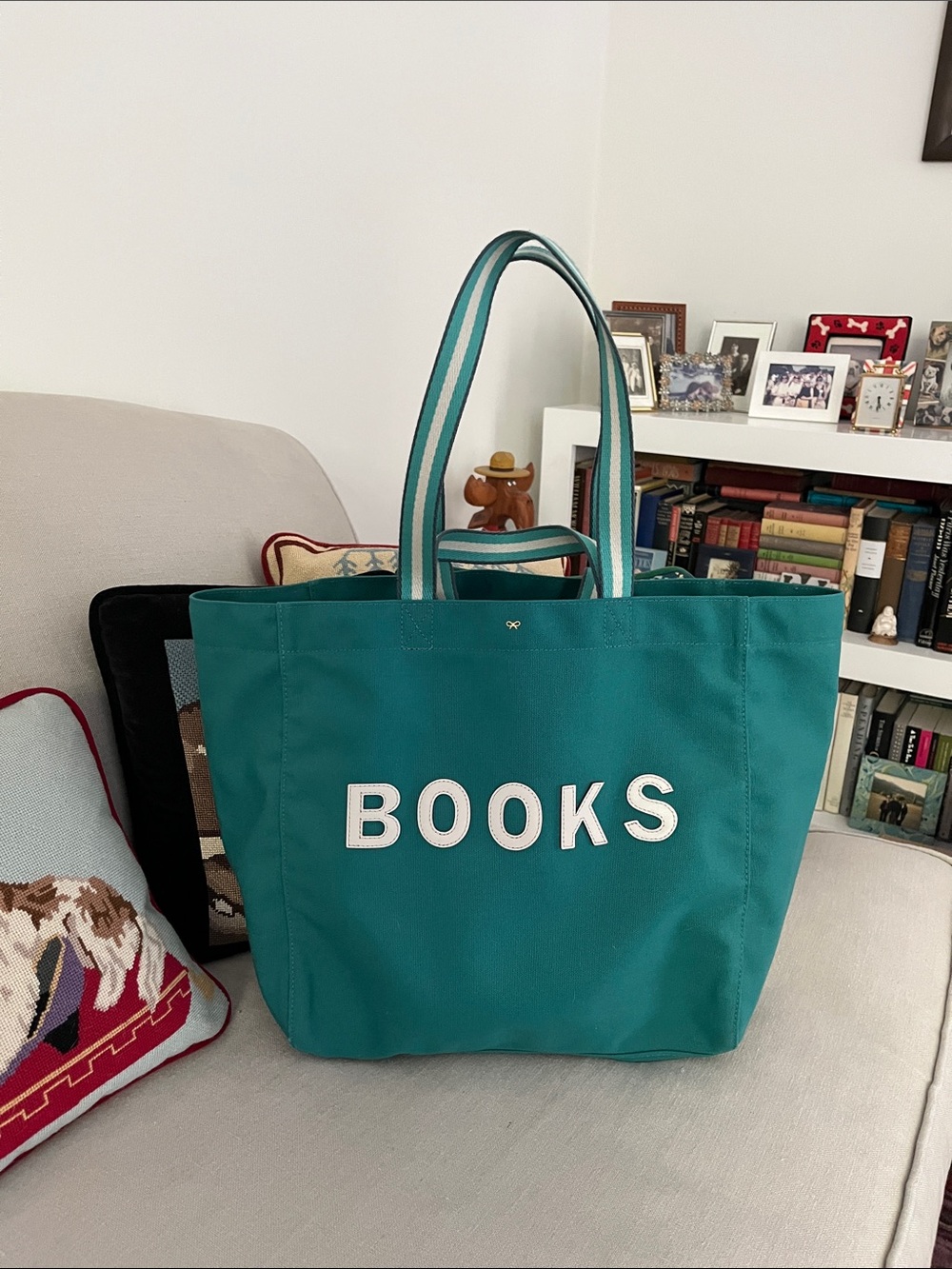Anya Hindmarch Teal 'BOOKS' Canvas Tote Bag